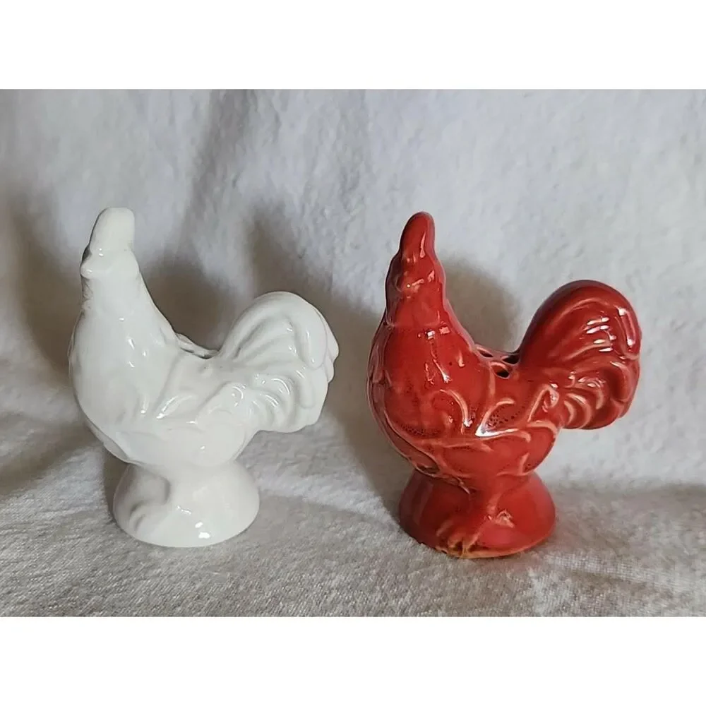 Vintage Hen and Rooster Ceramic Salt and Pepper Shakers Set Red White Pair Small